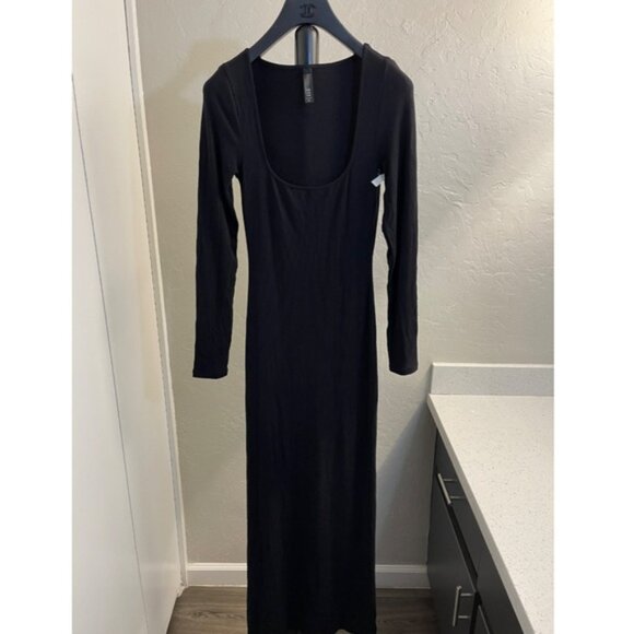 Skims Soft Lounge Long Sleeve Dress Ribbed Onyx Size XXS - Picture 3 of 10